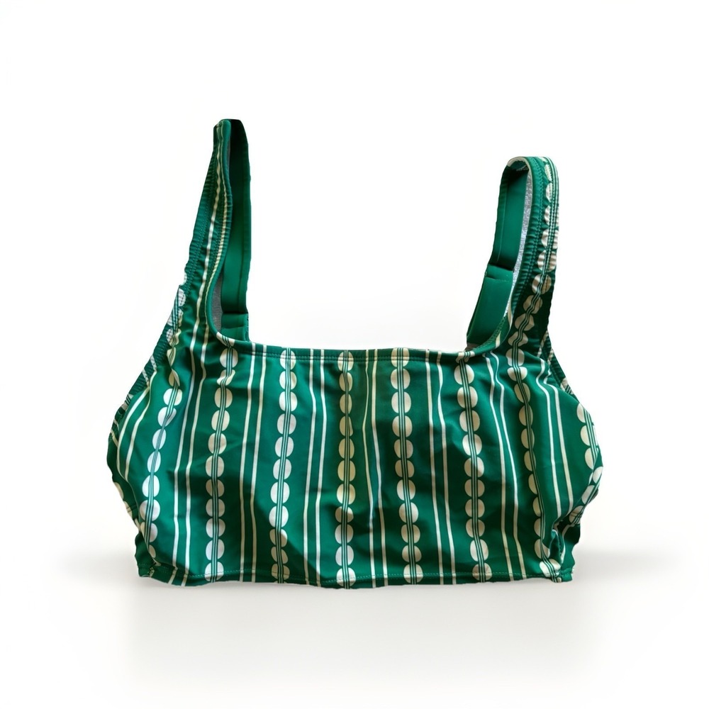 Kona Sol Bikini Top Women Medium Green Geometric Stripe Square Neck‎ Swimwear